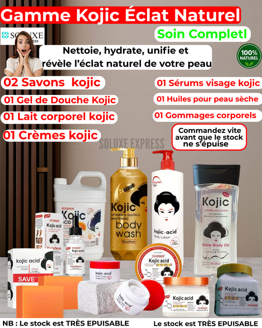 Gamme(1) Kojic Éclat (+07) Soin Complet Naturel : Nettoie, hydrate, unifie et révèle l’éclat naturel de votre peau.